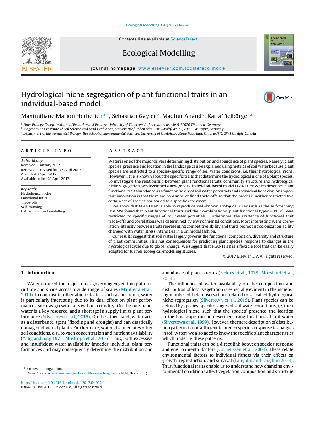 Hydrological niche segregation of plant functional traits in an individual-based model