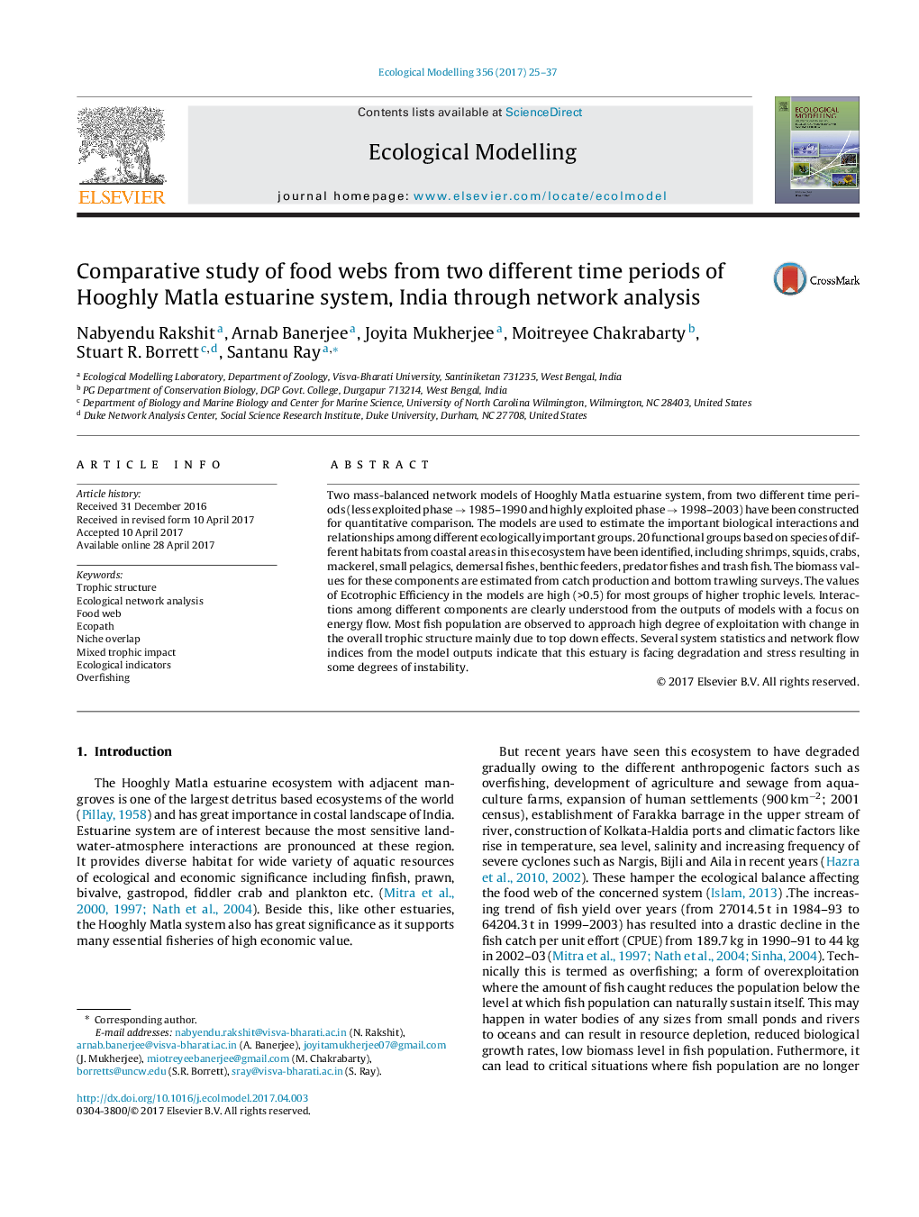 Comparative study of food webs from two different time periods of Hooghly Matla estuarine system, India through network analysis