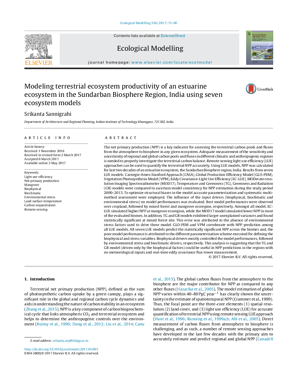 Modeling terrestrial ecosystem productivity of an estuarine ecosystem in the Sundarban Biosphere Region, India using seven ecosystem models