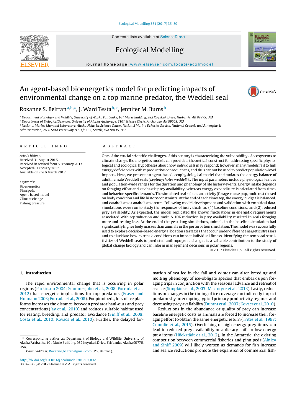 An agent-based bioenergetics model for predicting impacts of environmental change on a top marine predator, the Weddell seal