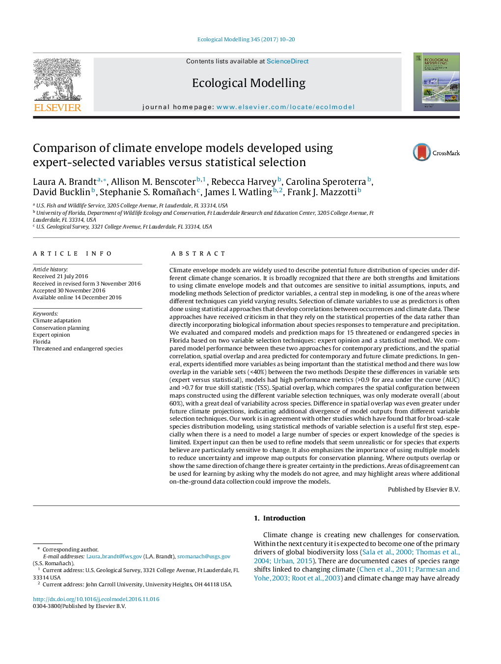 Comparison of climate envelope models developed using expert-selected variables versus statistical selection