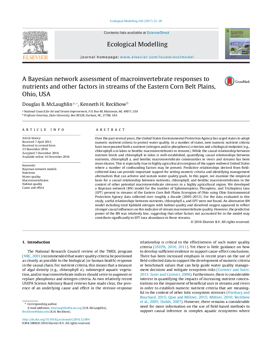 A Bayesian network assessment of macroinvertebrate responses to nutrients and other factors in streams of the Eastern Corn Belt Plains, Ohio, USA