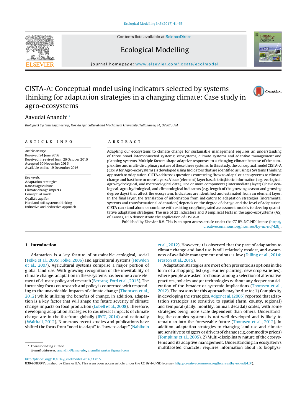 CISTA-A: Conceptual model using indicators selected by systems thinking for adaptation strategies in a changing climate: Case study in agro-ecosystems