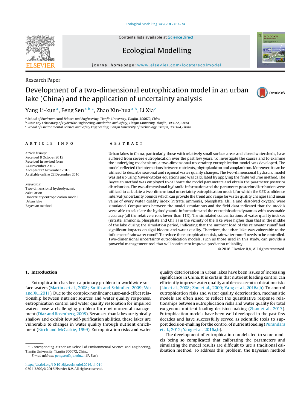 Research PaperDevelopment of a two-dimensional eutrophication model in an urban lake (China) and the application of uncertainty analysis