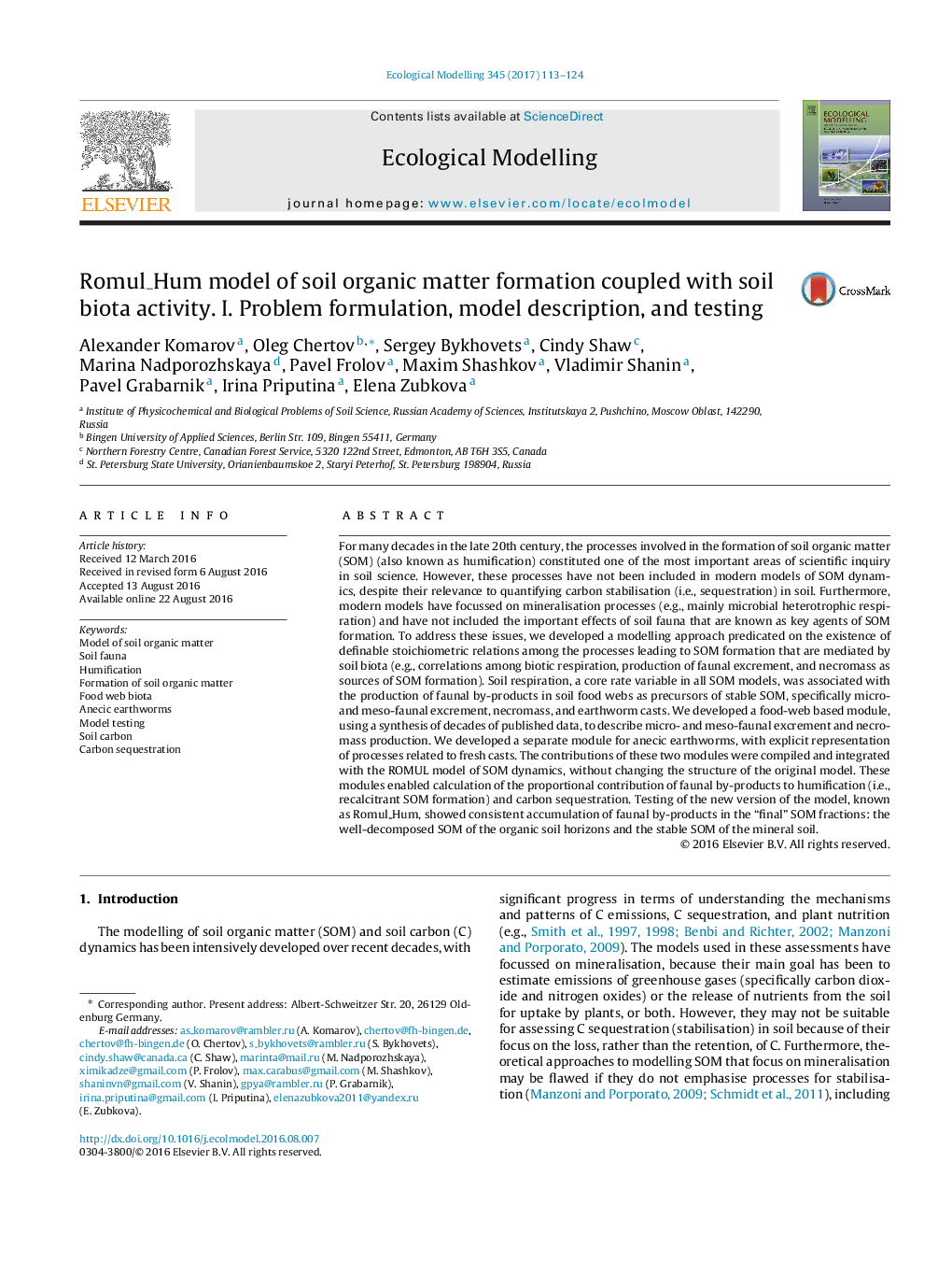 Romul_Hum model of soil organic matter formation coupled with soil biota activity. I. Problem formulation, model description, and testing