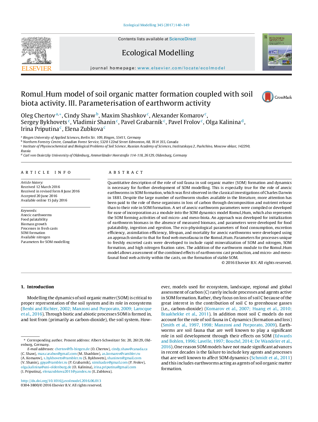 Romul_Hum model of soil organic matter formation coupled with soil biota activity. III. Parameterisation of earthworm activity