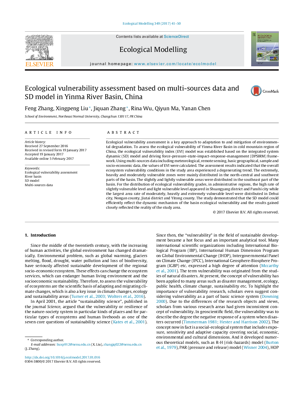 Ecological vulnerability assessment based on multi-sources data and SD model in Yinma River Basin, China