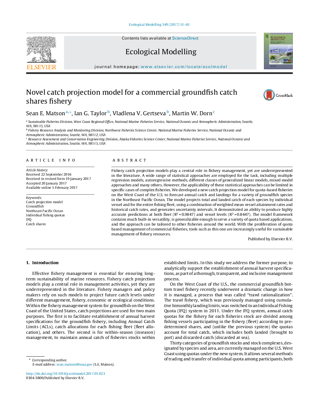 Novel catch projection model for a commercial groundfish catch shares fishery