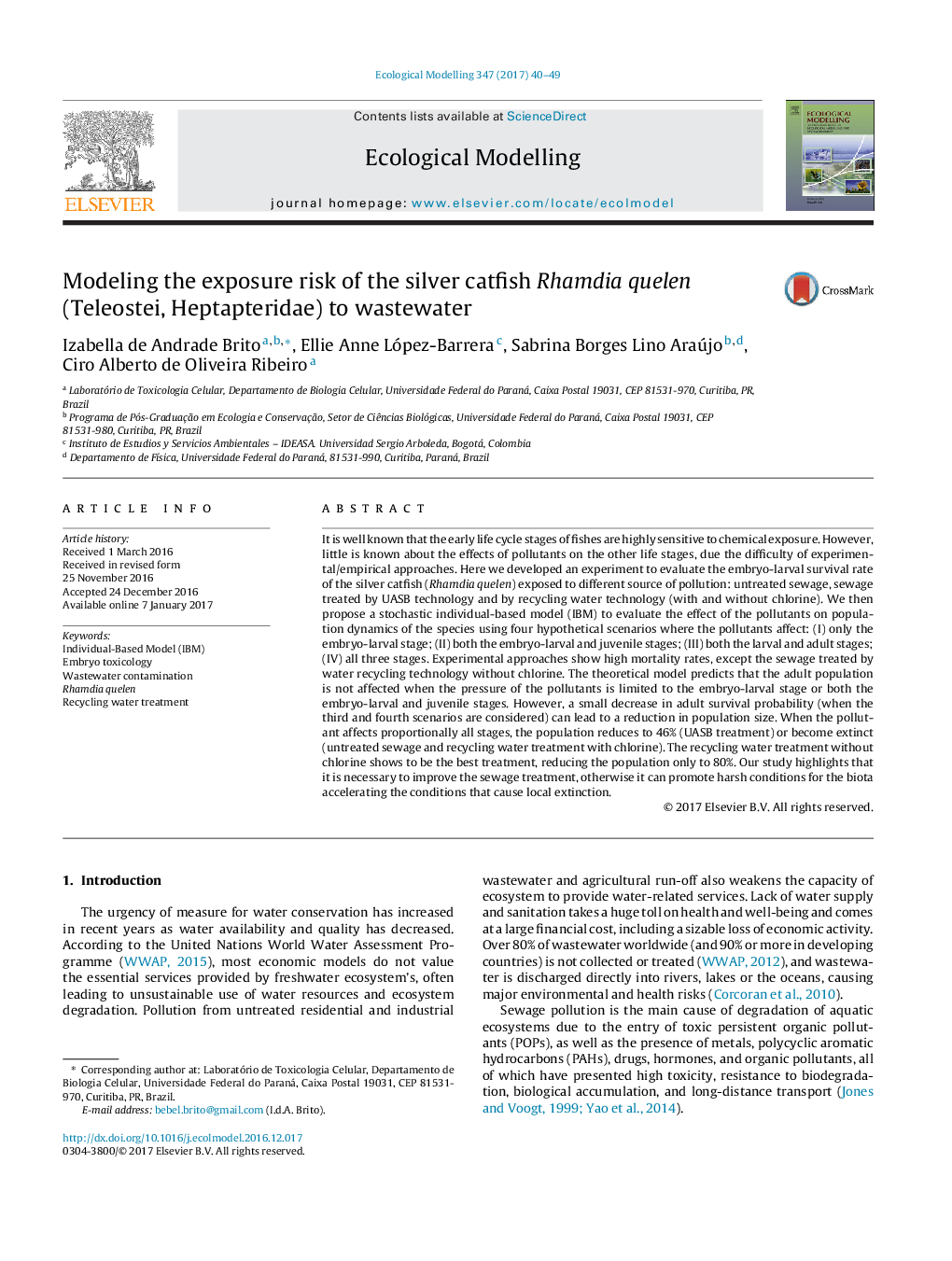 Modeling the exposure risk of the silver catfish Rhamdia quelen (Teleostei, Heptapteridae) to wastewater