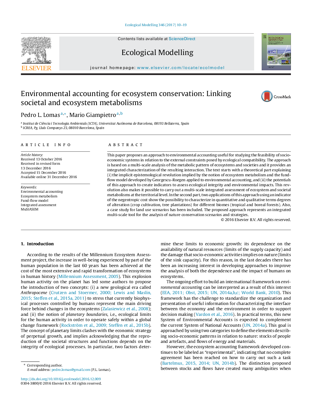 Environmental accounting for ecosystem conservation: Linking societal and ecosystem metabolisms