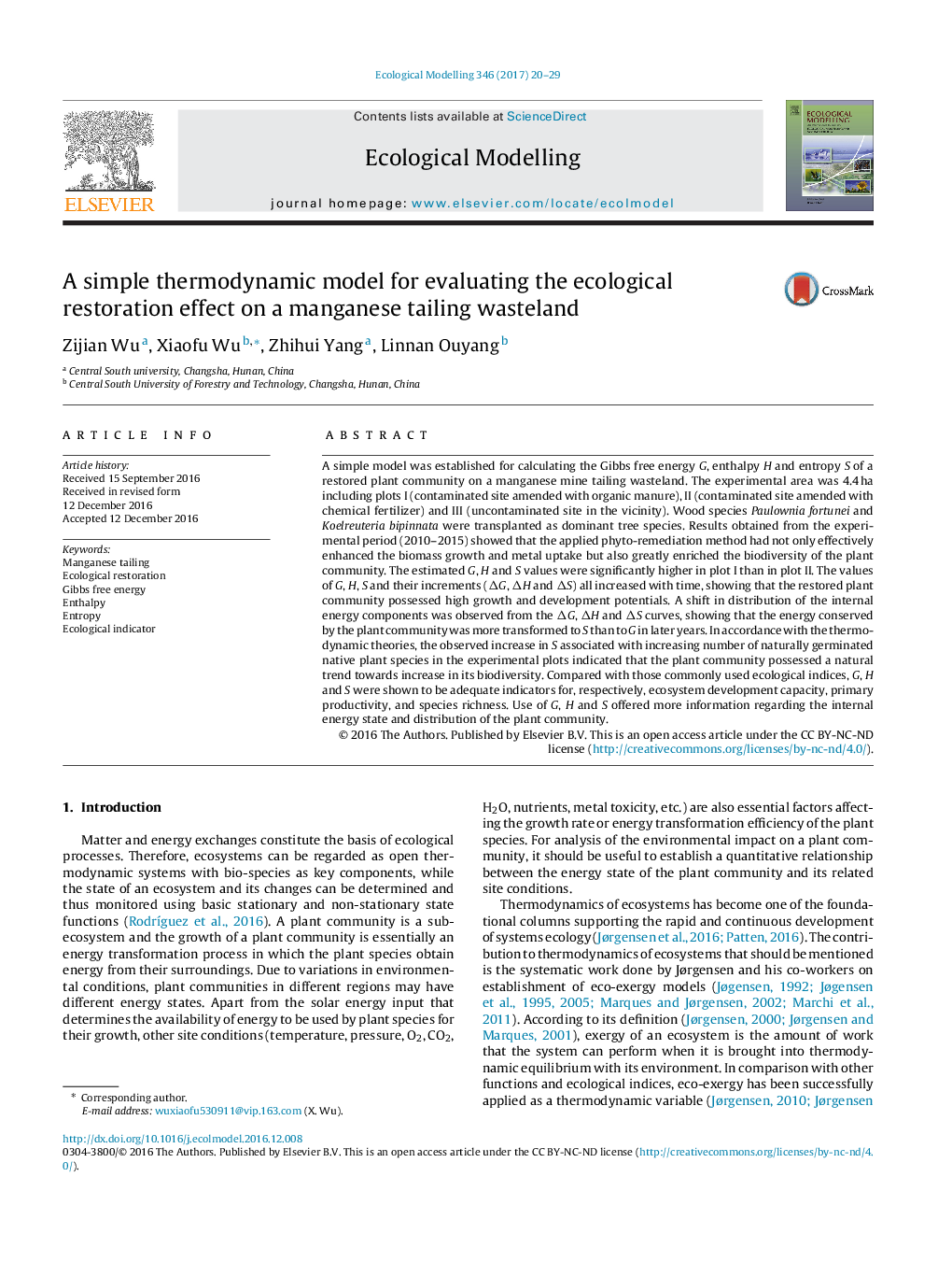 A simple thermodynamic model for evaluating the ecological restoration effect on a manganese tailing wasteland