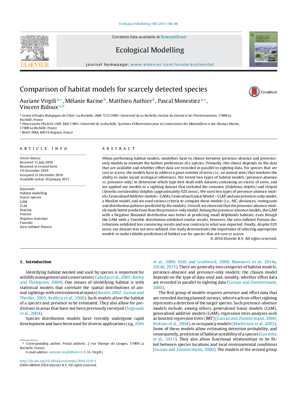 Comparison of habitat models for scarcely detected species