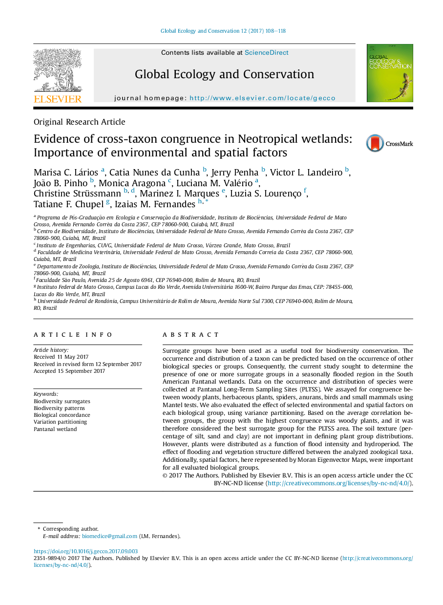 Original Research ArticleEvidence of cross-taxon congruence in Neotropical wetlands: Importance of environmental and spatial factors