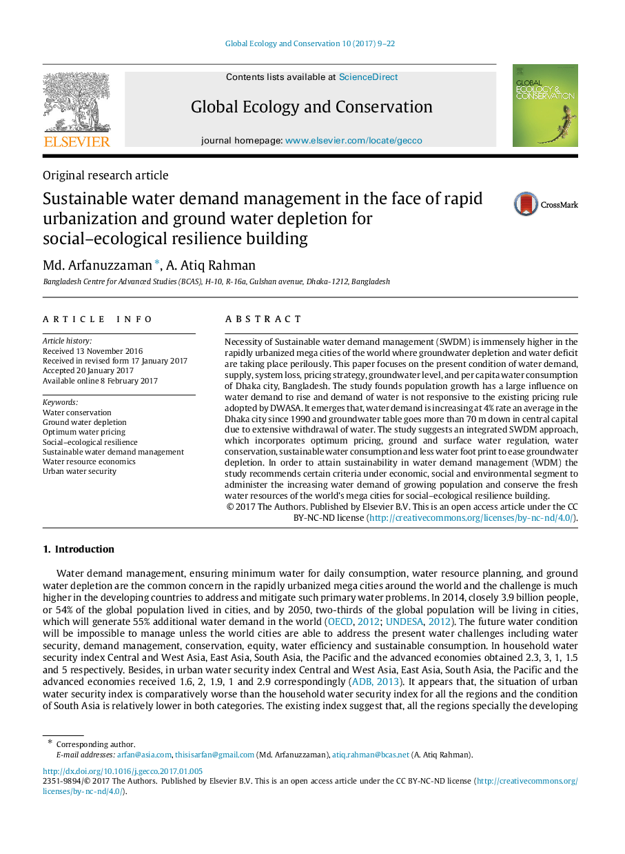 Original research articleSustainable water demand management in the face of rapid urbanization and ground water depletion for social-ecological resilience building