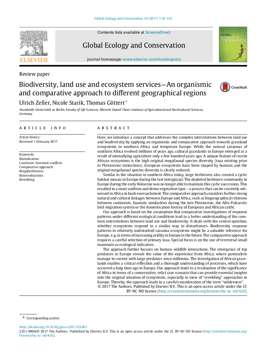 Biodiversity, land use and ecosystem services-An organismic and comparative approach to different geographical regions