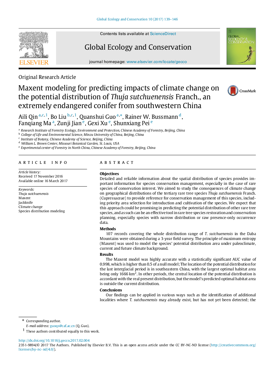 Original Research ArticleMaxent modeling for predicting impacts of climate change on the potential distribution of Thuja sutchuenensis Franch., an extremely endangered conifer from southwestern China