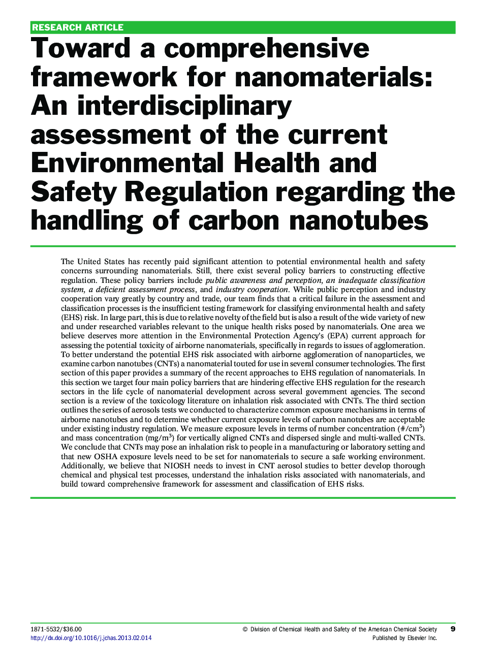 Toward a comprehensive framework for nanomaterials: An interdisciplinary assessment of the current Environmental Health and Safety Regulation regarding the handling of carbon nanotubes
