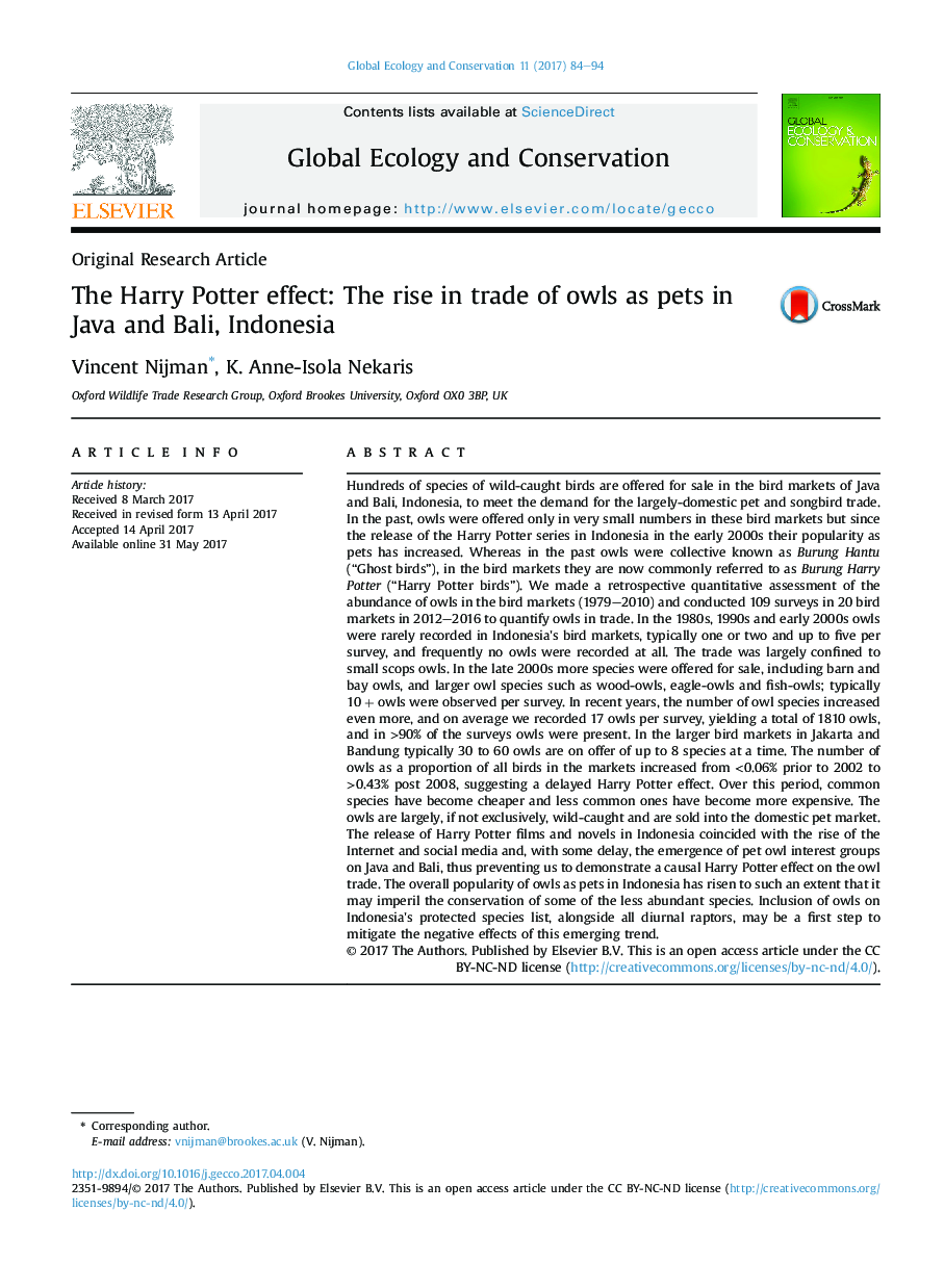 Original Research ArticleThe Harry Potter effect: The rise in trade of owls as pets in Java and Bali, Indonesia