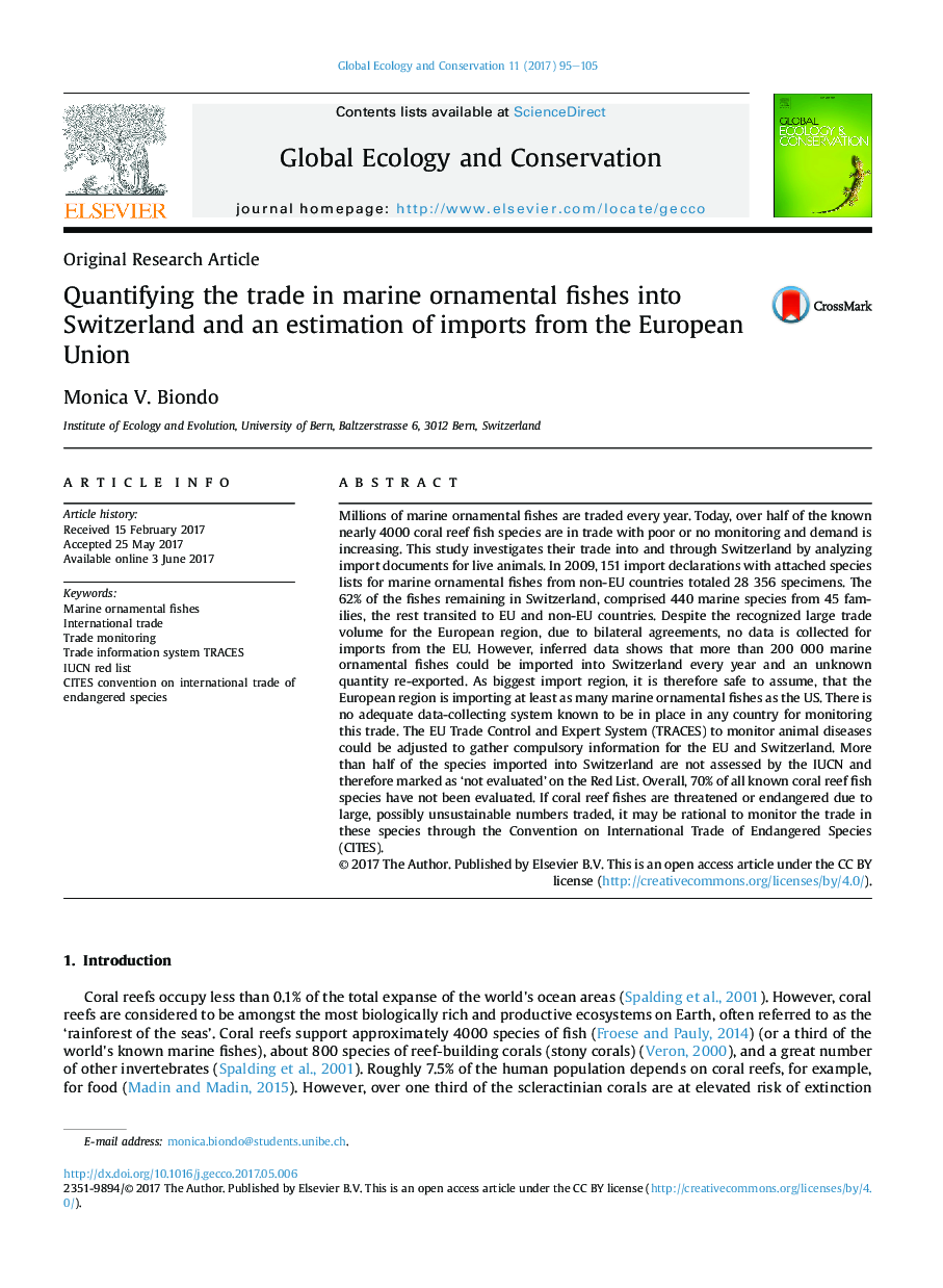 Original Research ArticleQuantifying the trade in marine ornamental fishes into Switzerland and an estimation of imports from the European Union