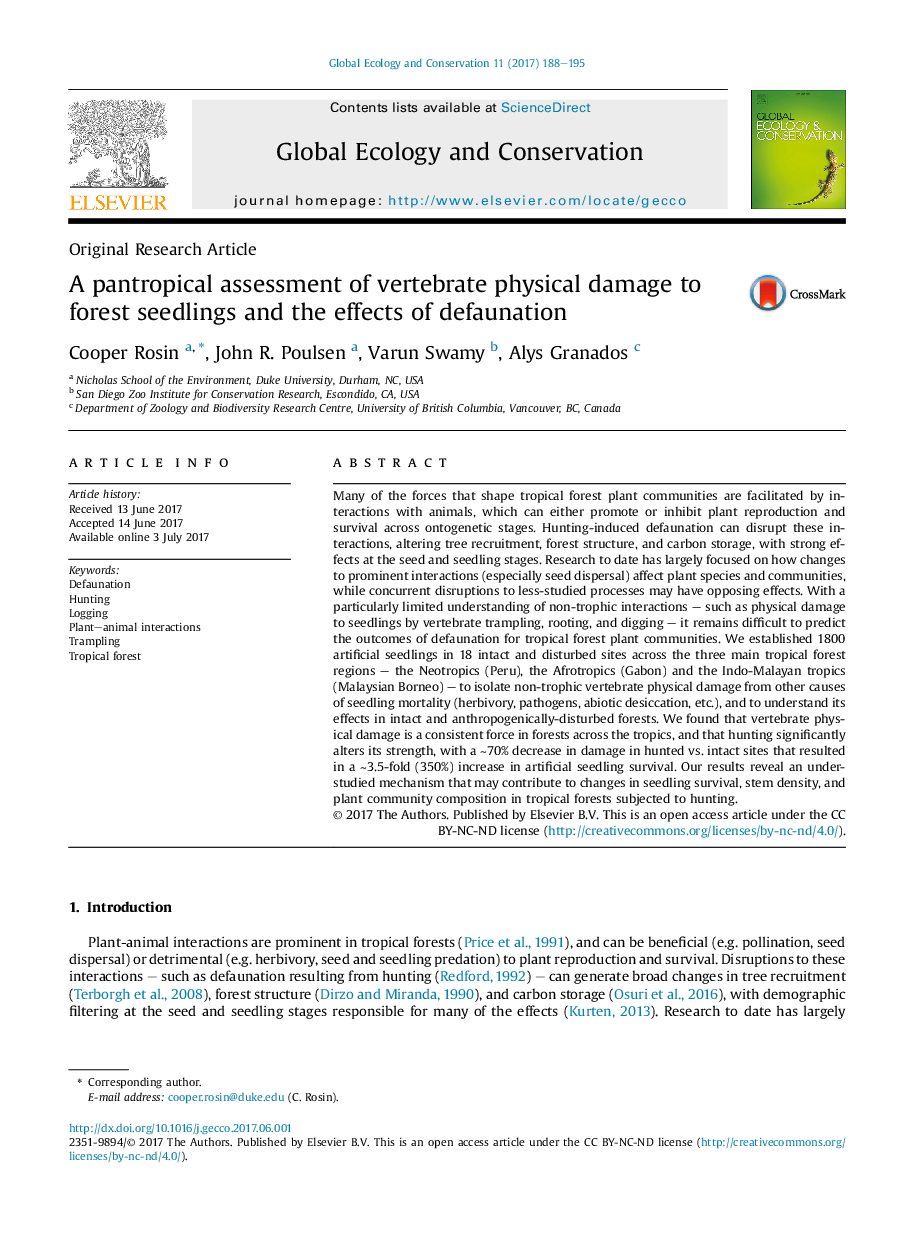 Original Research ArticleA pantropical assessment of vertebrate physical damage to forest seedlings and the effects of defaunation