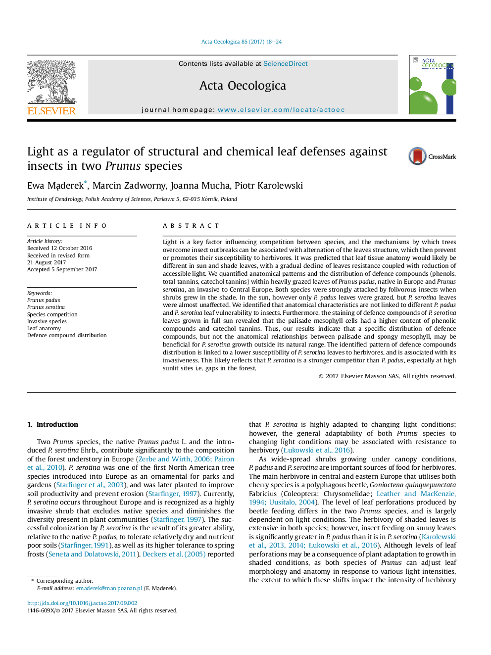 Light as a regulator of structural and chemical leaf defenses against insects in two Prunus species