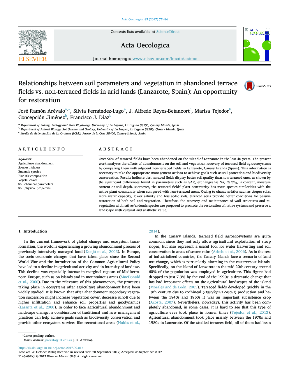 Relationships between soil parameters and vegetation in abandoned terrace fields vs. non-terraced fields in arid lands (Lanzarote, Spain): An opportunity for restoration