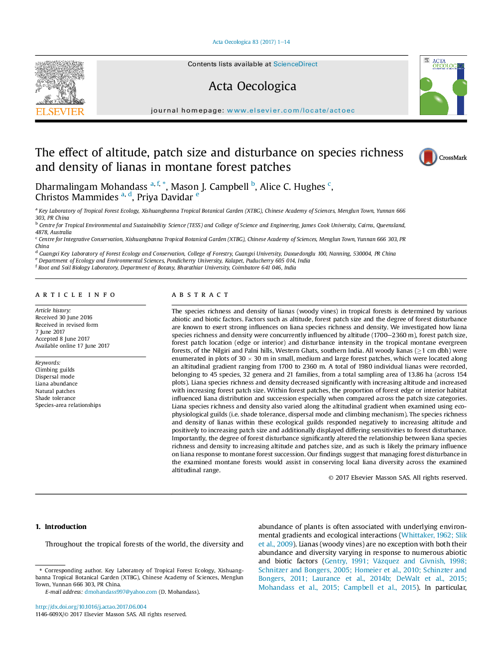 The effect of altitude, patch size and disturbance on species richness and density of lianas in montane forest patches