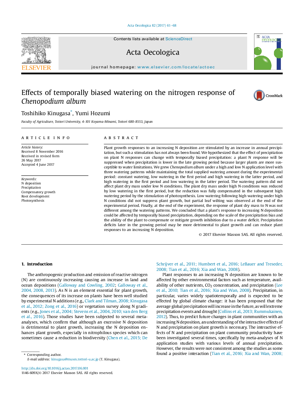 Effects of temporally biased watering on the nitrogen response of Chenopodium album