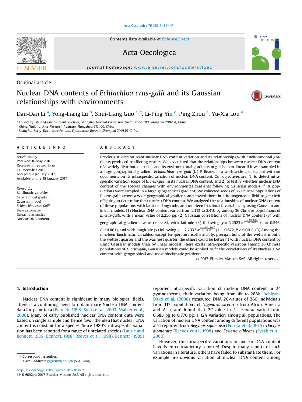 Original articleNuclear DNA contents of Echinchloa crus-galli and its Gaussian relationships with environments