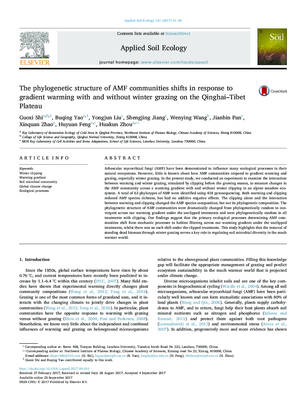 The phylogenetic structure of AMF communities shifts in response to gradient warming with and without winter grazing on the Qinghai-Tibet Plateau