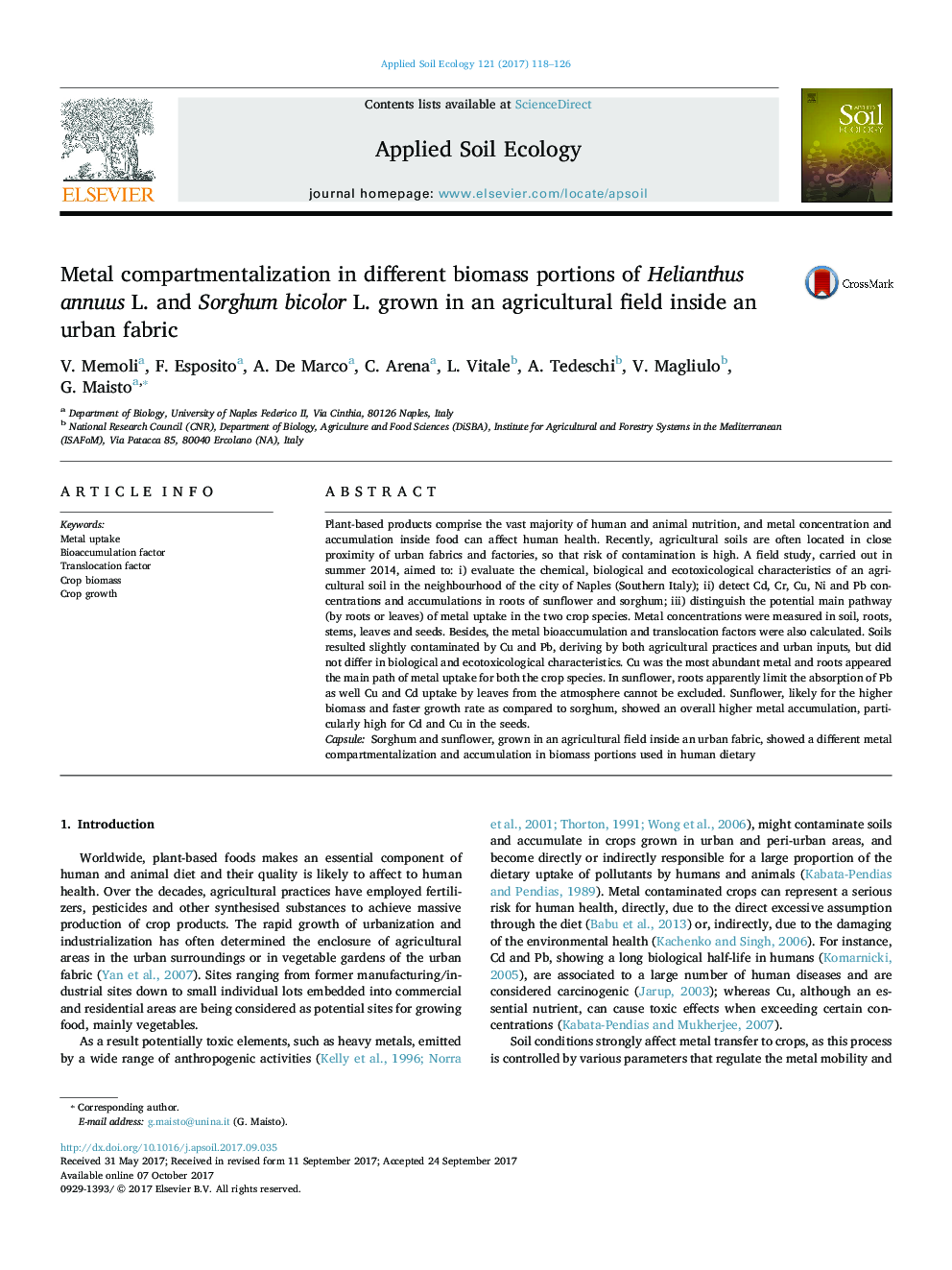 Metal compartmentalization in different biomass portions of Helianthus annuus L. and Sorghum bicolor L. grown in an agricultural field inside an urban fabric