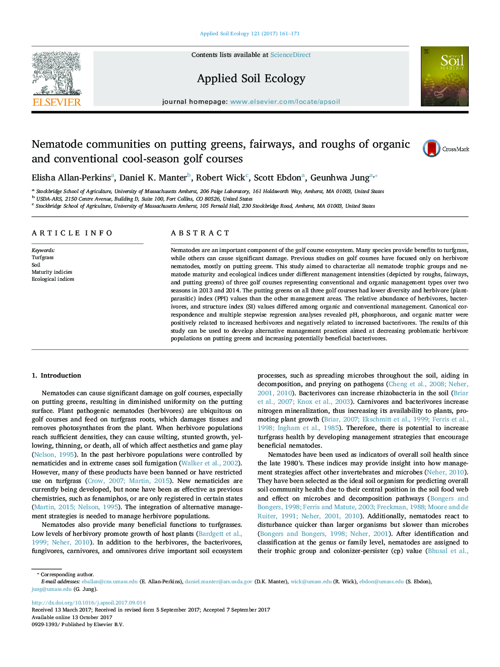 Nematode communities on putting greens, fairways, and roughs of organic and conventional cool-season golf courses