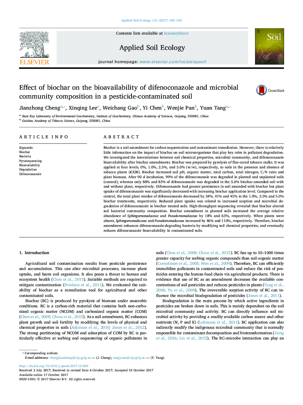 Effect of biochar on the bioavailability of difenoconazole and microbial community composition in a pesticide-contaminated soil