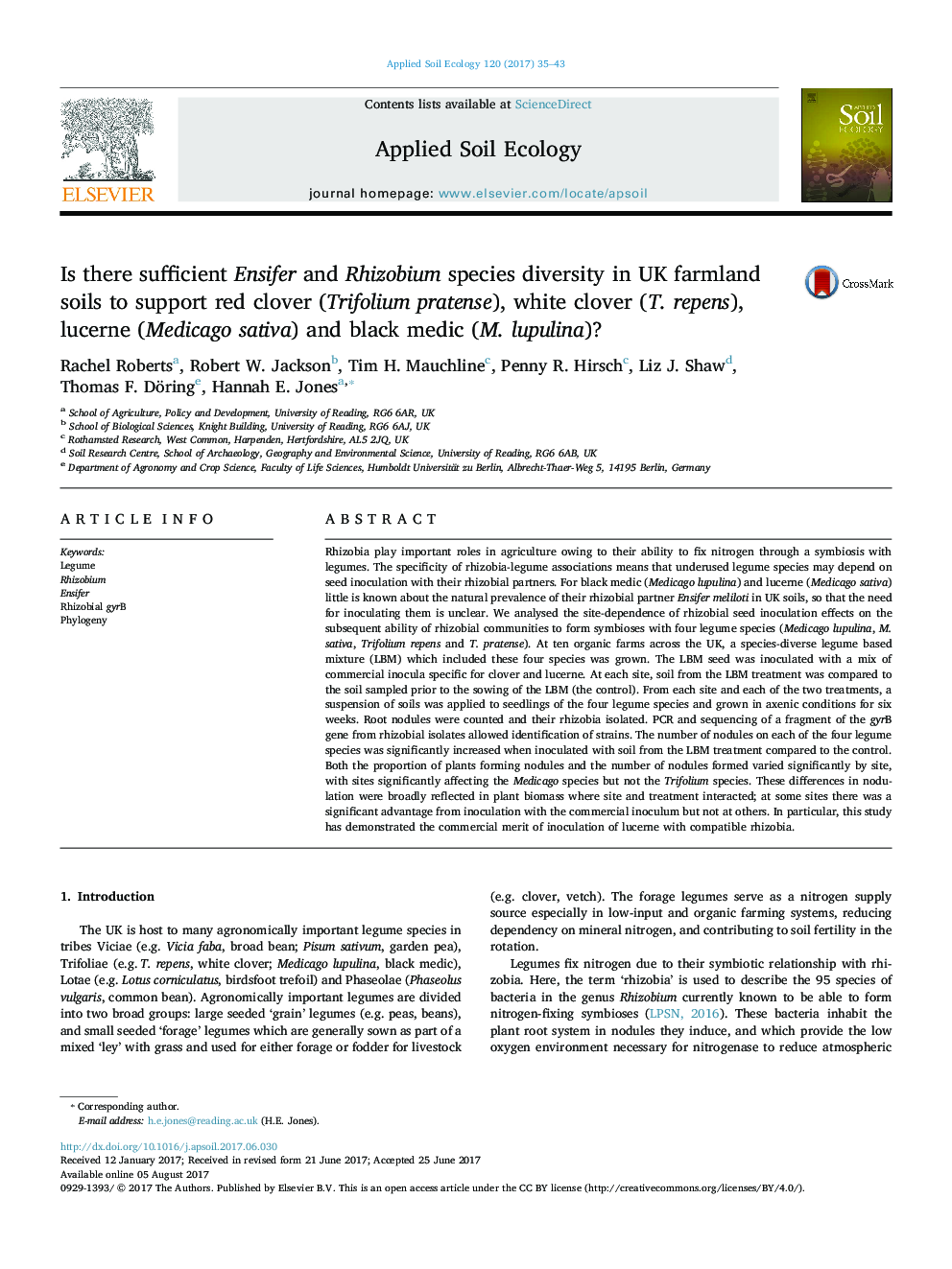 Is there sufficient Ensifer and Rhizobium species diversity in UK farmland soils to support red clover (Trifolium pratense), white clover (T. repens), lucerne (Medicago sativa) and black medic (M. lupulina)?