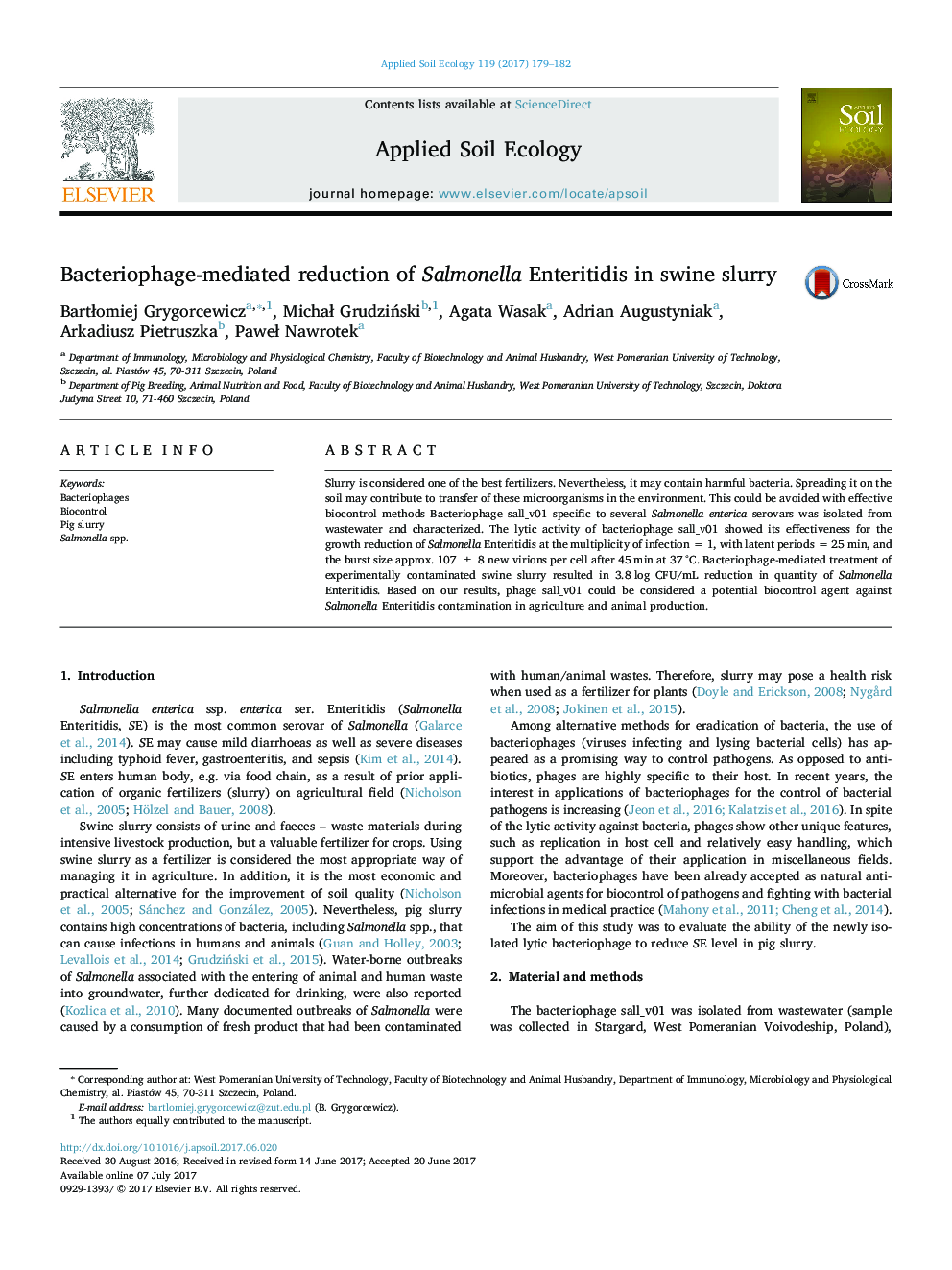 Bacteriophage-mediated reduction of Salmonella Enteritidis in swine slurry