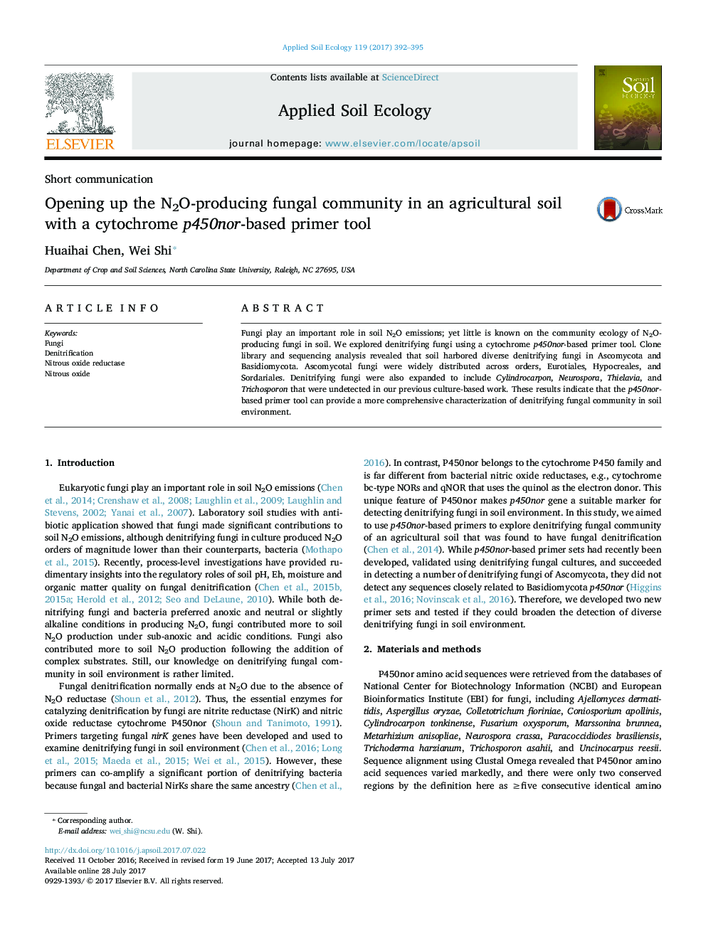 Short communicationOpening up the N2O-producing fungal community in an agricultural soil with a cytochrome p450nor-based primer tool