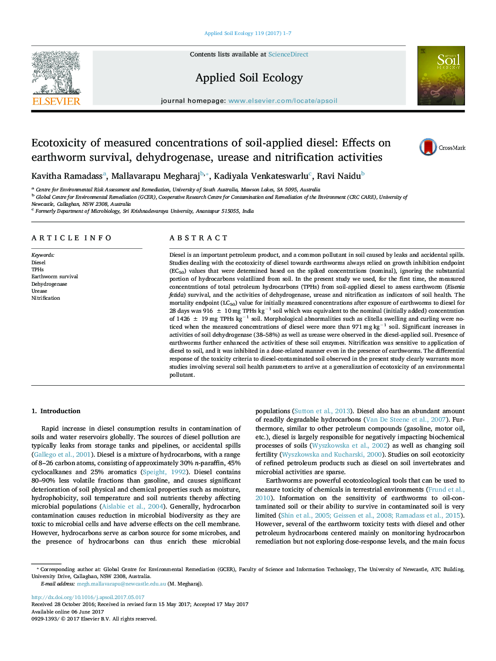 Ecotoxicity of measured concentrations of soil-applied diesel: Effects on earthworm survival, dehydrogenase, urease and nitrification activities