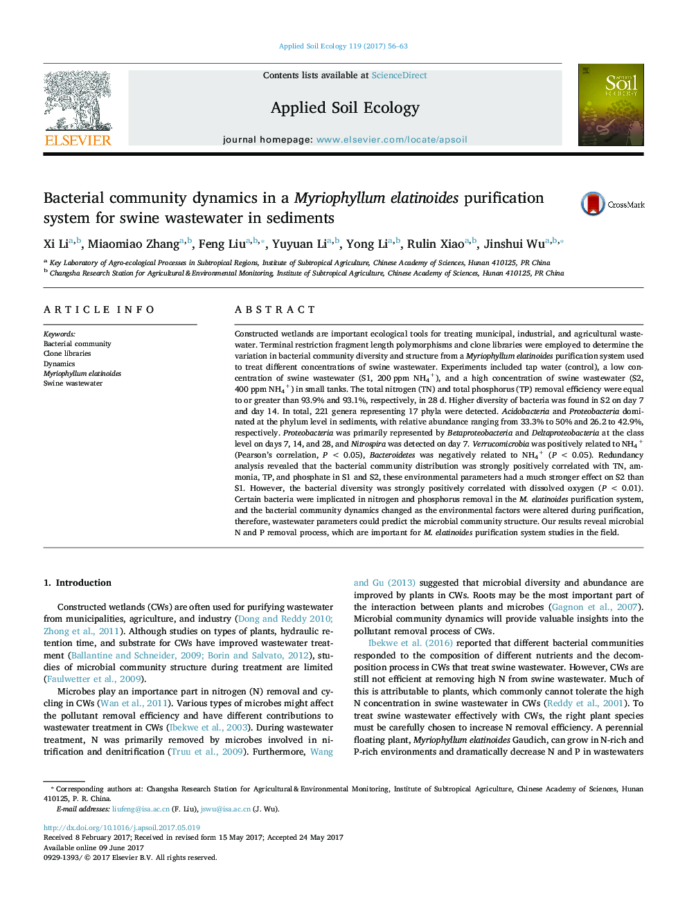 Bacterial community dynamics in a Myriophyllum elatinoides purification system for swine wastewater in sediments