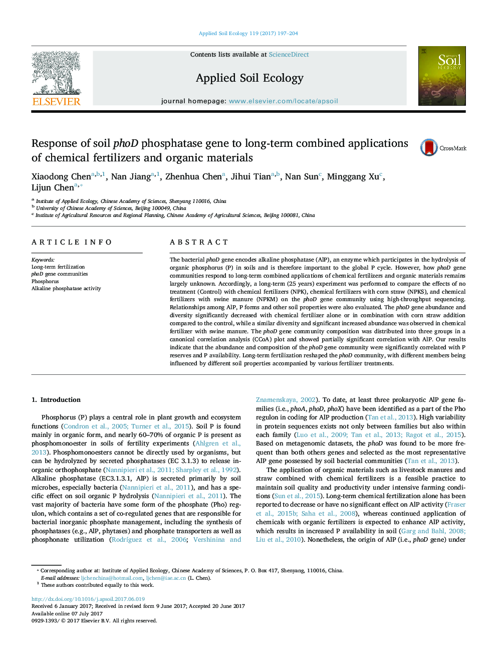 Response of soil phoD phosphatase gene to long-term combined applications of chemical fertilizers and organic materials