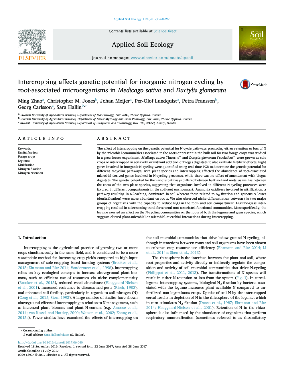 Intercropping affects genetic potential for inorganic nitrogen cycling by root-associated microorganisms in Medicago sativa and Dactylis glomerata