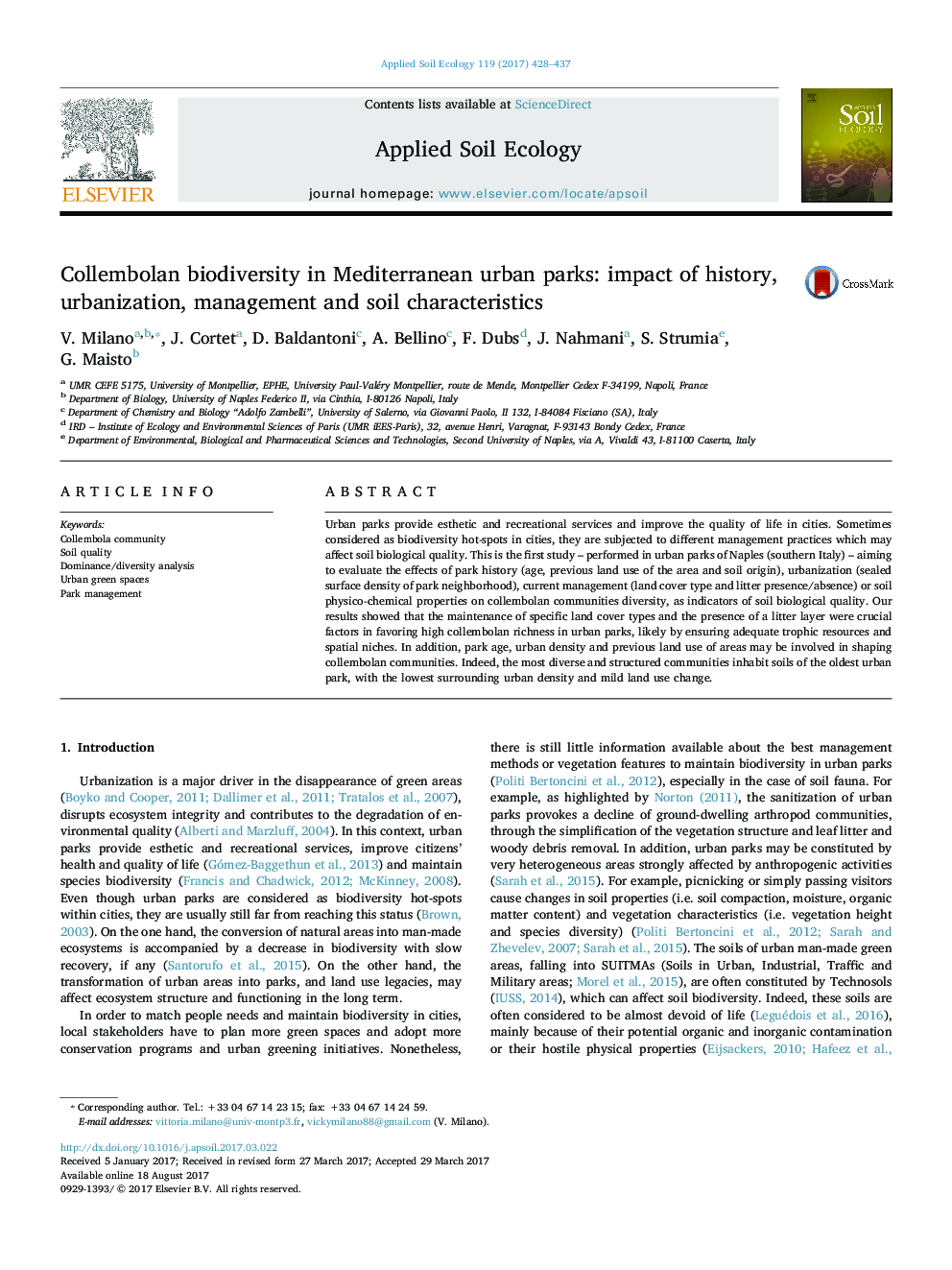 Collembolan biodiversity in Mediterranean urban parks: impact of history, urbanization, management and soil characteristics