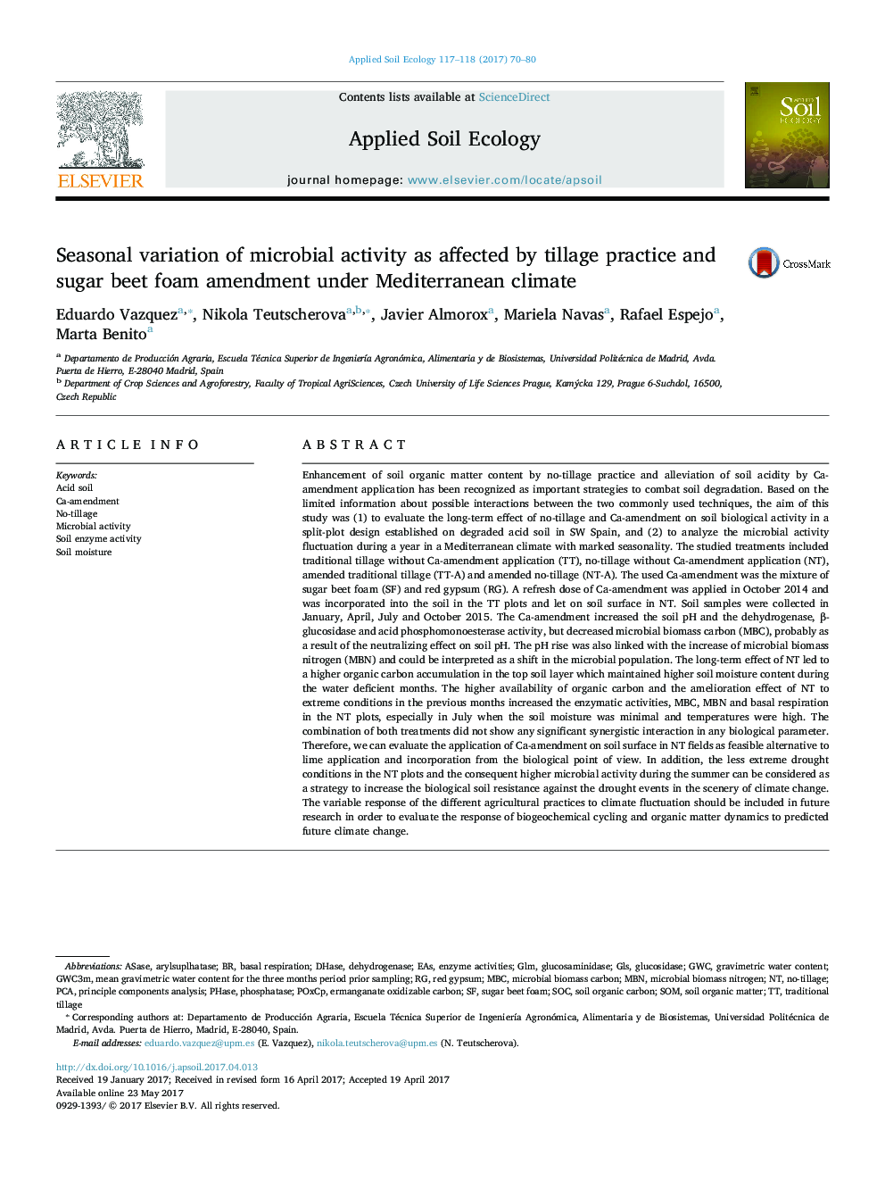 Seasonal variation of microbial activity as affected by tillage practice and sugar beet foam amendment under Mediterranean climate