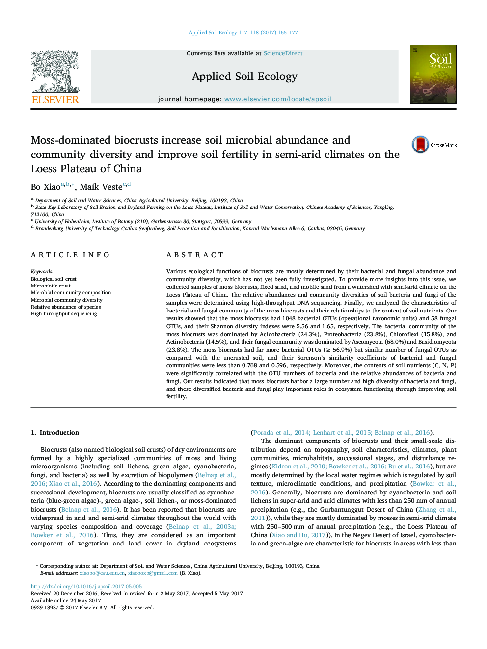 Moss-dominated biocrusts increase soil microbial abundance and community diversity and improve soil fertility in semi-arid climates on the Loess Plateau of China