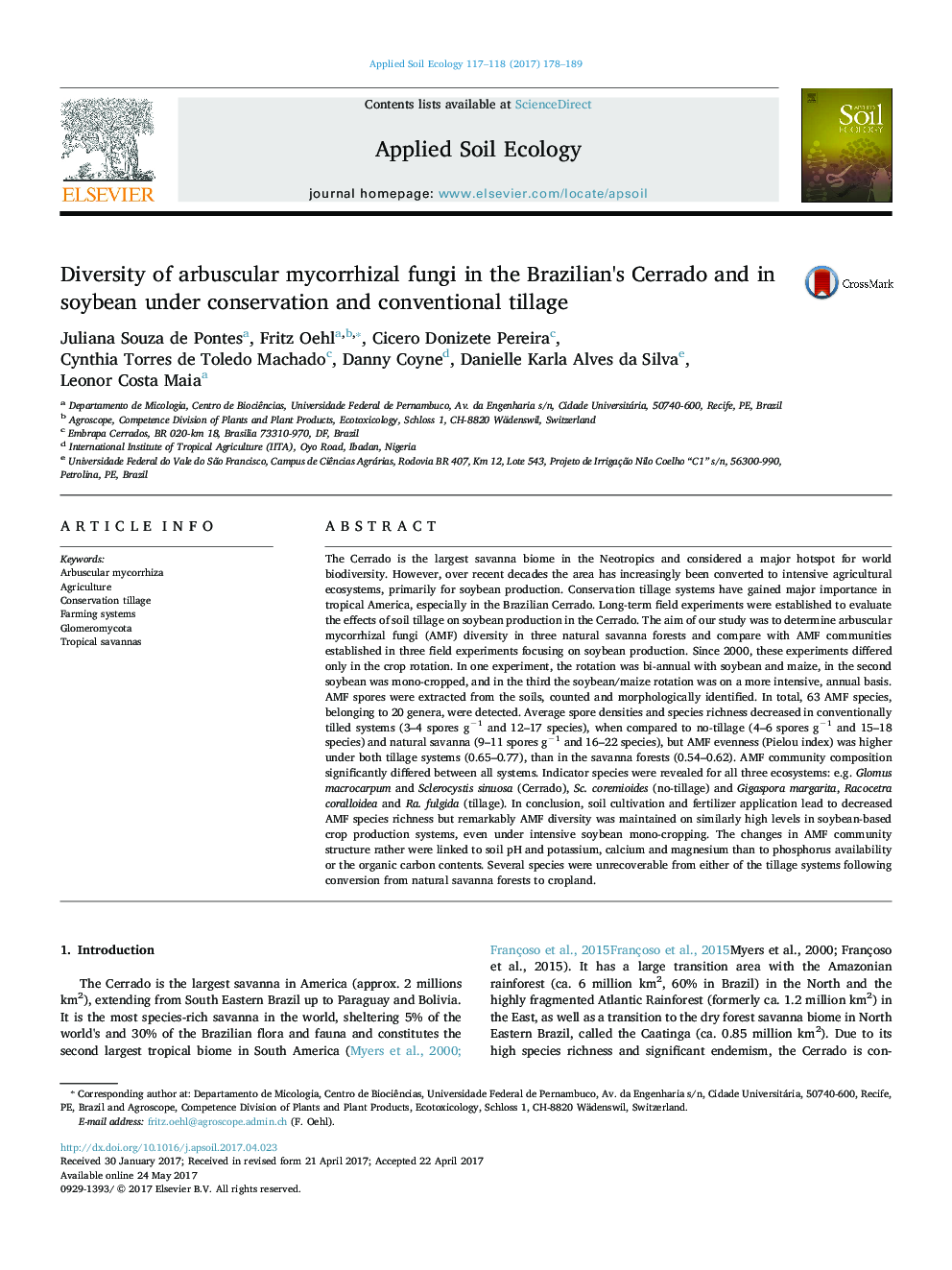 Diversity of arbuscular mycorrhizal fungi in the Brazilian's Cerrado and in soybean under conservation and conventional tillage