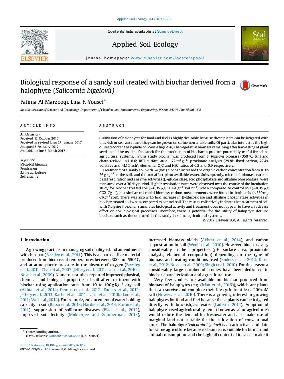 Biological response of a sandy soil treated with biochar derived from a halophyte (Salicornia bigelovii)