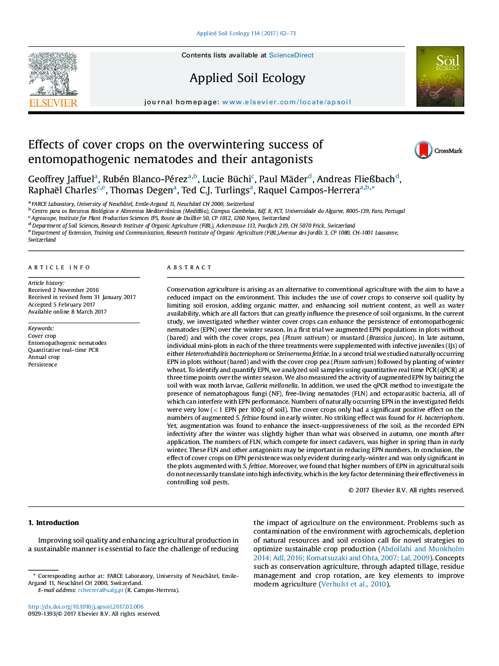 Effects of cover crops on the overwintering success of entomopathogenic nematodes and their antagonists