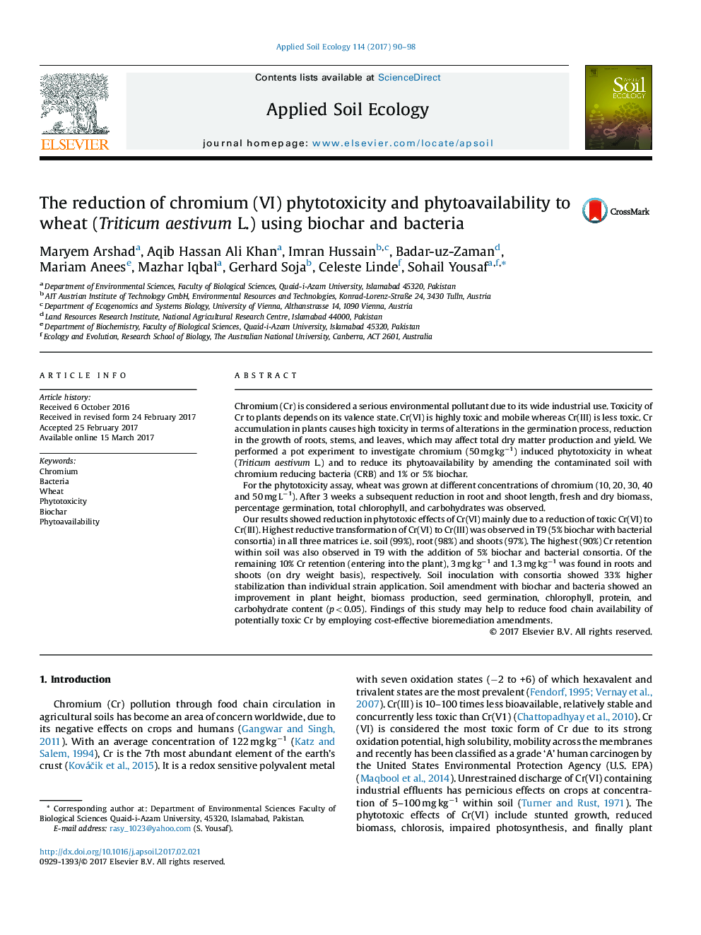 The reduction of chromium (VI) phytotoxicity and phytoavailability to wheat (Triticum aestivum L.) using biochar and bacteria