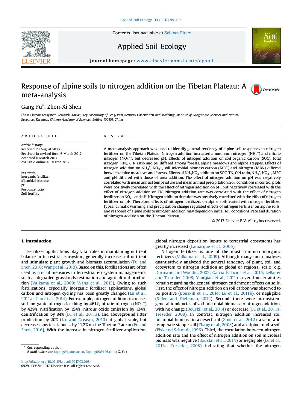 Response of alpine soils to nitrogen addition on the Tibetan Plateau: A meta-analysis