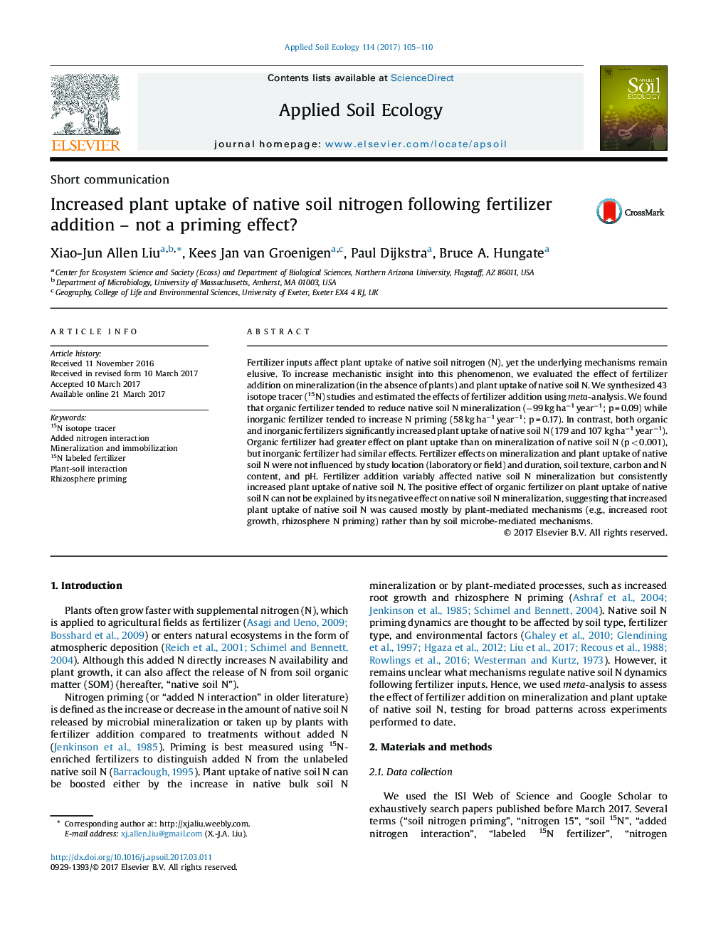 Short communicationIncreased plant uptake of native soil nitrogen following fertilizer addition - not a priming effect?