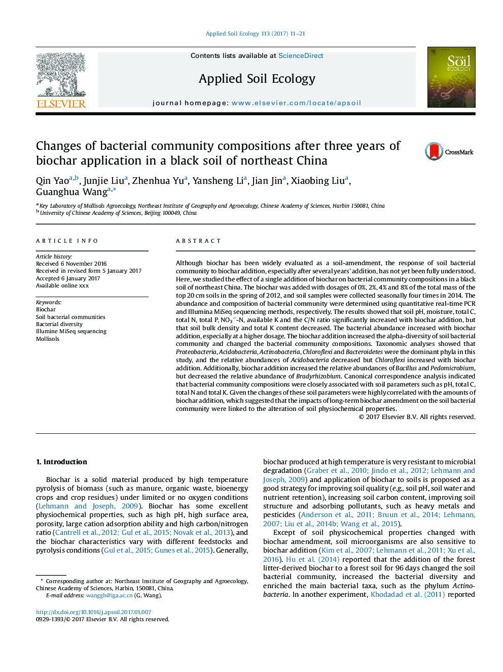 Changes of bacterial community compositions after three years of biochar application in a black soil of northeast China